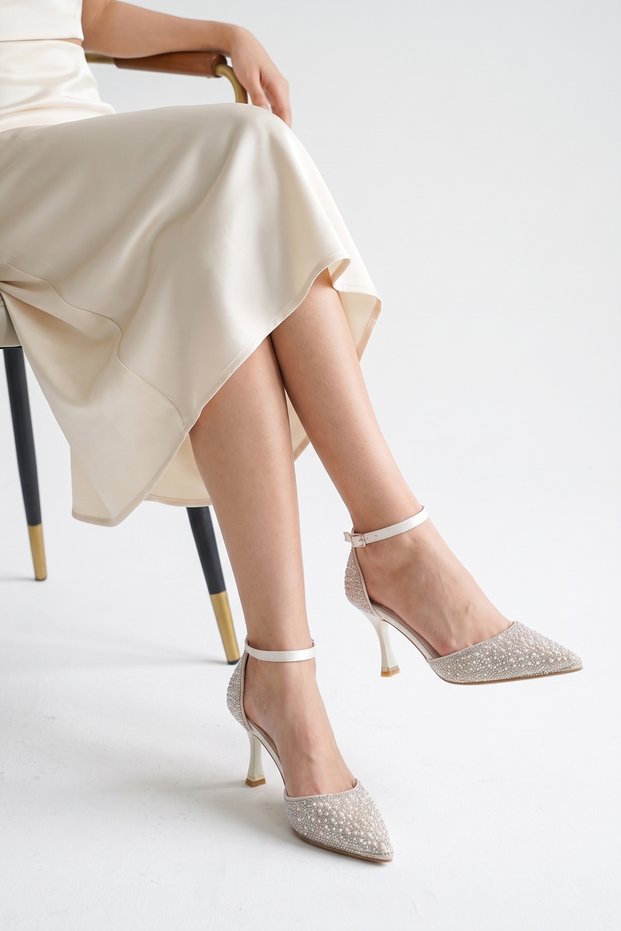 Stone-Embellished Ankle Strap Heeled Shoes