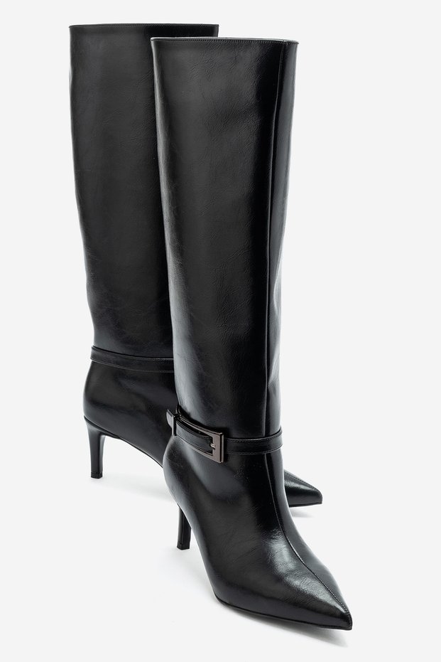 Tilda Black Leather Belted Women's Thin Heeled Boots