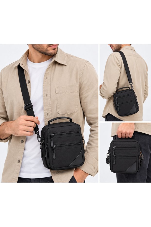 Men's Black Multi-Compartment Zippered Shoulder and Hand Bag with Adjustable Strap Daily Crossbody Bag