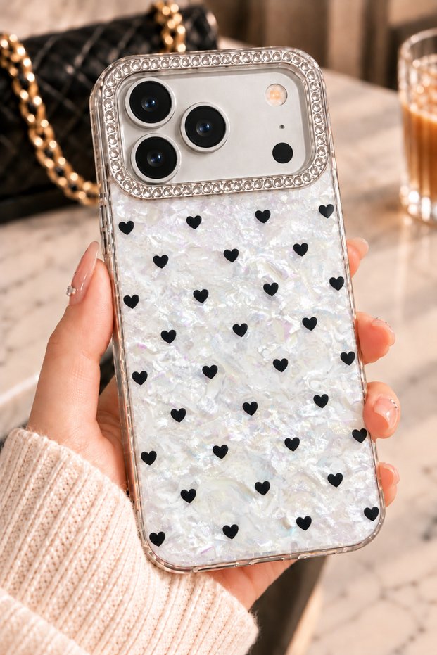 iPhone 17 Pro Max / 18 Pro Max Compatible Sparkling Glittery Rhinestone Camera Frame Heart Pattern Pearl Look Luxury Silicone Case