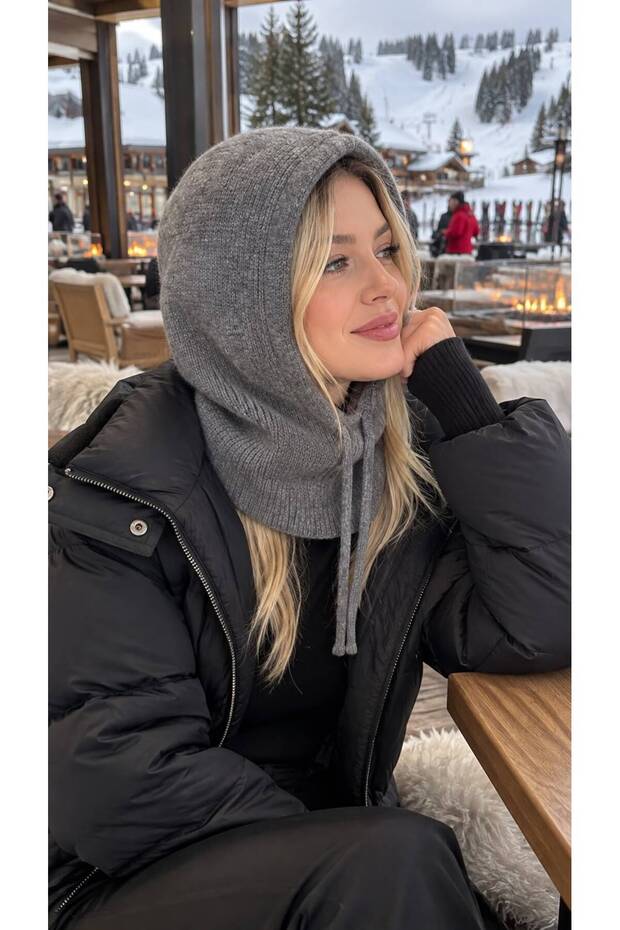 Gray Soft Textured Knitwear Women's Balaclava Beanie