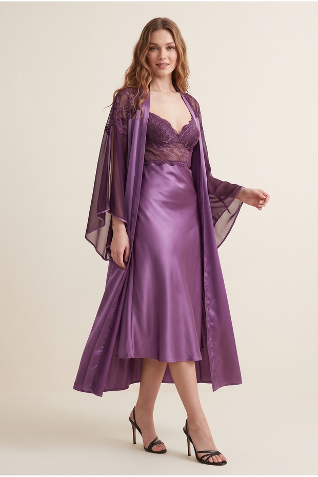 Women's Purple Lace Detailed Elegant Nightgown and Dressing Gown Two-Piece Set