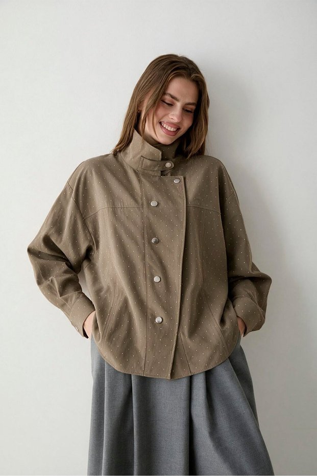 Stone Red 1-Piece Oversize Shirt Jacket with Standing Collar Per5170