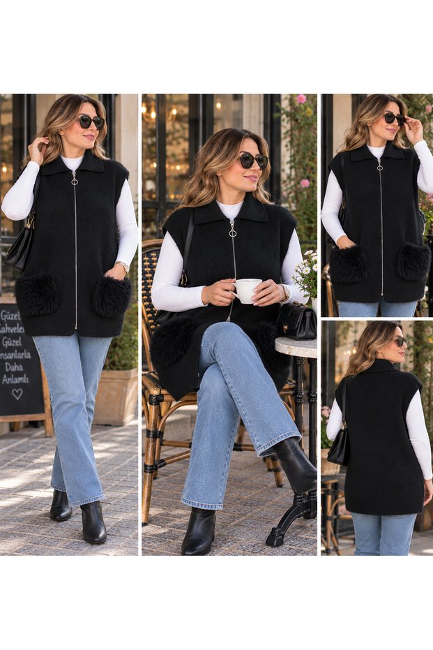Women's Angora Stylish Pocketed Zippered Collared Vest