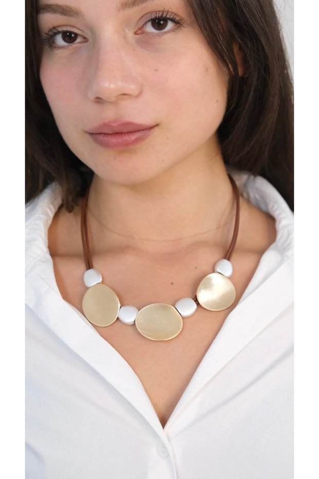 Leather Rope Plate Row Gold Silver Necklace