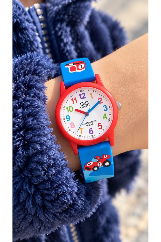 Car Patterned-10 Atm Pool Sea Use-Dark Blue Silicone Cord Numbered Children's Wristwatch+Bracelet