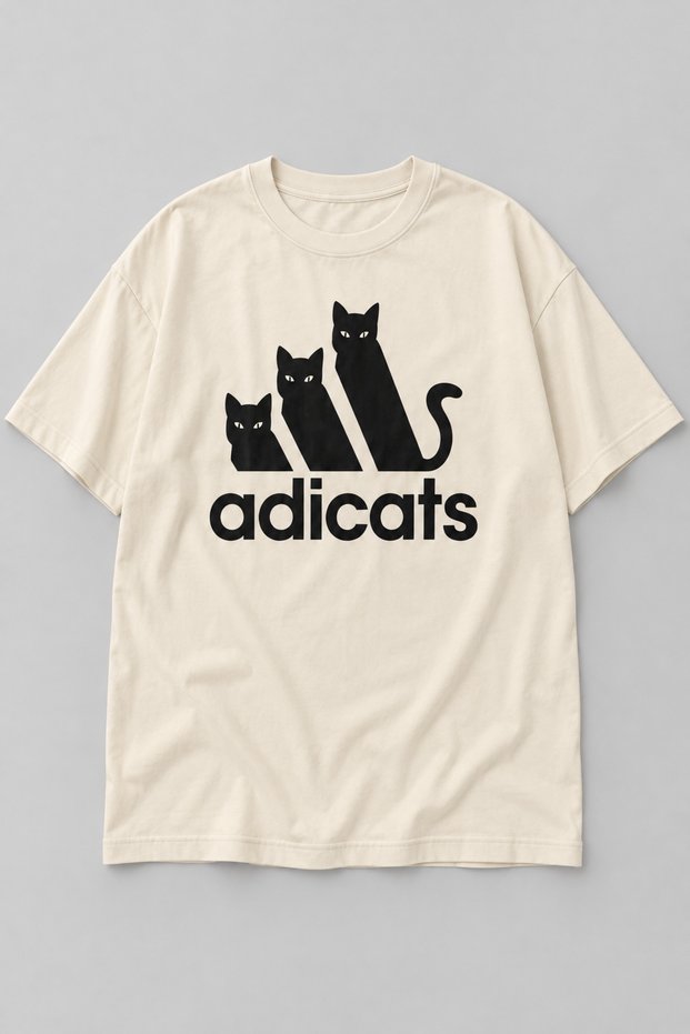 Women's Ecru Oversize Combed Cotton T-Shirt Adicats Cat Printed Crew Neck Short Sleeve Tshirt