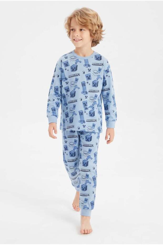100% Cotton Single Jersey Boys' Pajama Set Blue Pixel Patterned Gamer Themed Combed Cotton