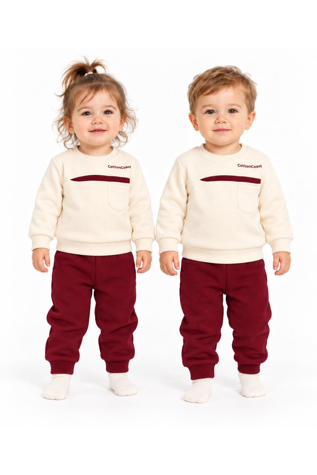 36110-26 Unisex Baby 3-Thread Ripped Ecru Sweatshirt and Dark Burgundy Sweatpants 2-Piece Set 6–24 Months