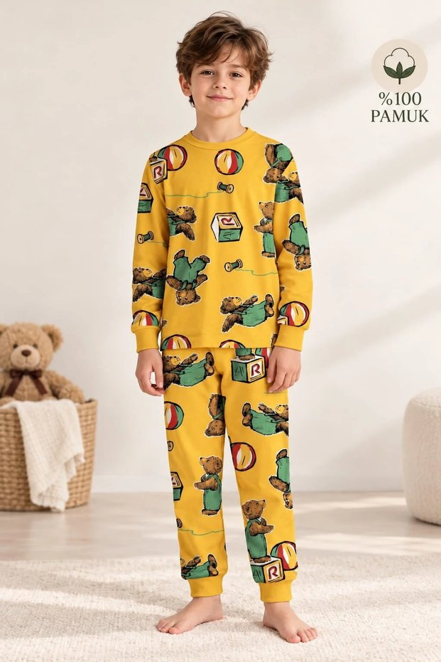 Boy's 100% cotton yellow bear pattern pajama set
