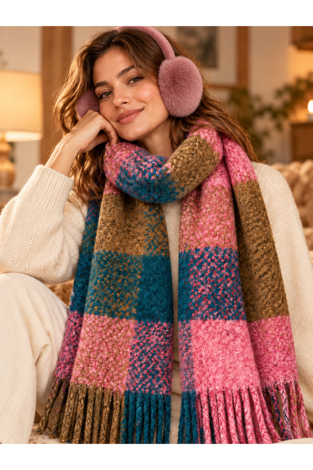 Women's Plaid Shawl Scarf Fringed Soft Textured Winter Thick Shoulder Shawl and Dusty Rose Plush Ear Muff