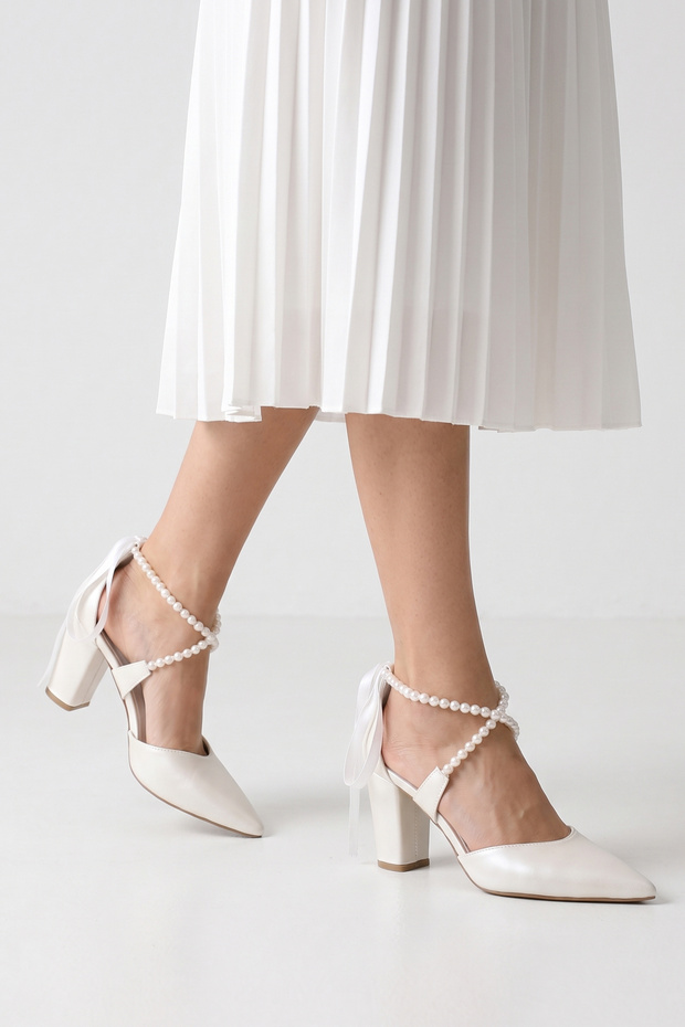 Livaly Women's Ecru Pearl and Ribbon Detailed Cross-Tied Pointed Toe Thick Heeled Bridal Shoes