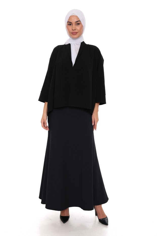 Women's Black Gofre Fabric Skirted Top and Bottom Two-Piece Set