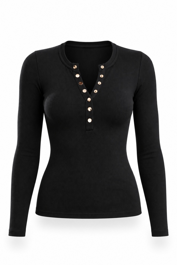 Black Long Sleeve T-Shirt with Snap Buttons on the Front 16363