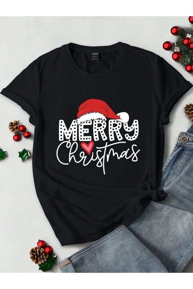 Christmas Printed Unisex Oversize Printed Crew Neck Short Sleeve Black T-Shirt