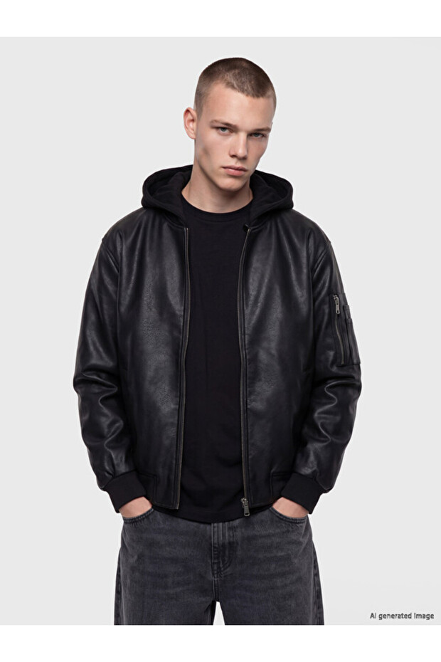 Rmz Gi̇yi̇m Farkiyla Standard Fit Hooded Men's Leather Look Coat