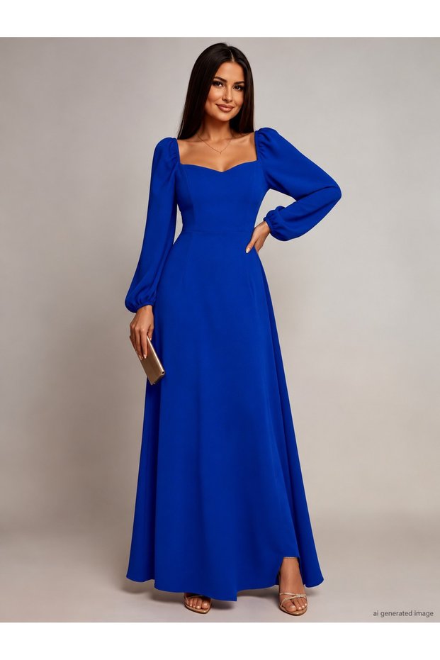 Women's long sleeve heart neck slit long imported crepe dress