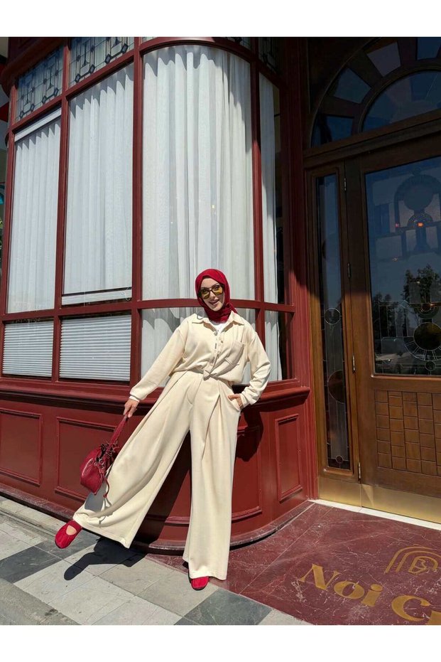 Women's Stone Detailed Collar Buttoned Oversize Double Suit Tunic with Chest Pockets and Trousers