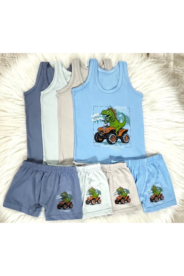 Dinosaur Printed Boys' Cotton Tank Top Boxer Set of 4