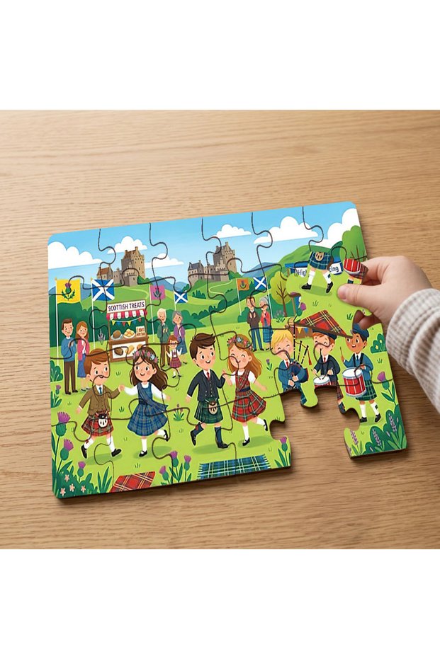 Scottish Festival - 24 Piece Wooden Kids Puzzle with Children's Designs in Traditional Attire