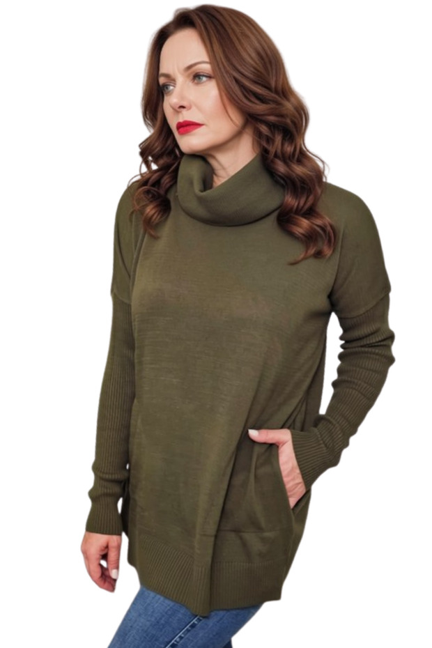 Women's Degaje Collar Pocket Oversize Knitwear Sweater - Black & Khaki Vr.0005