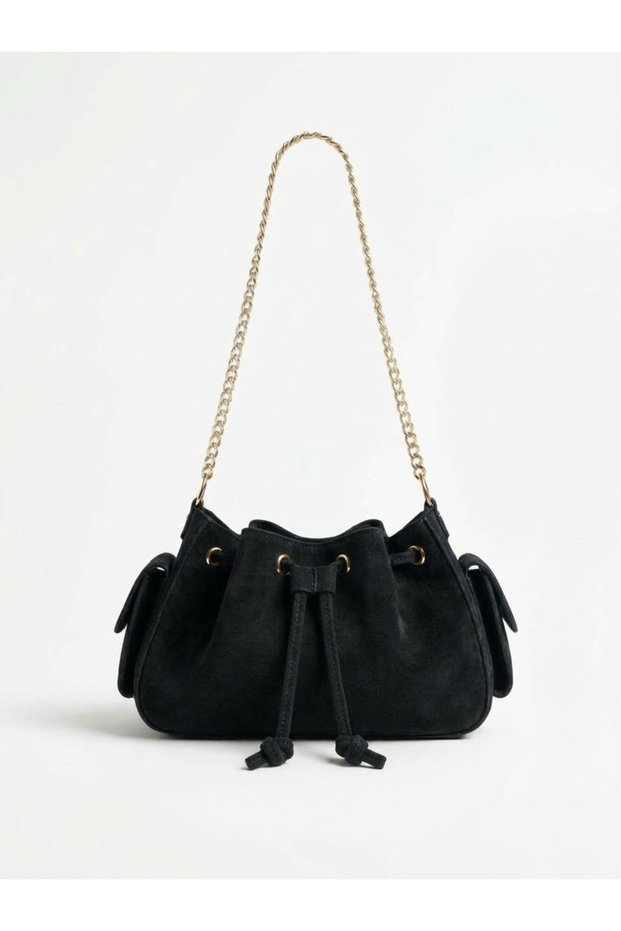 Suede Hand and Shoulder Bag with Side Pockets and Drawstring Closure