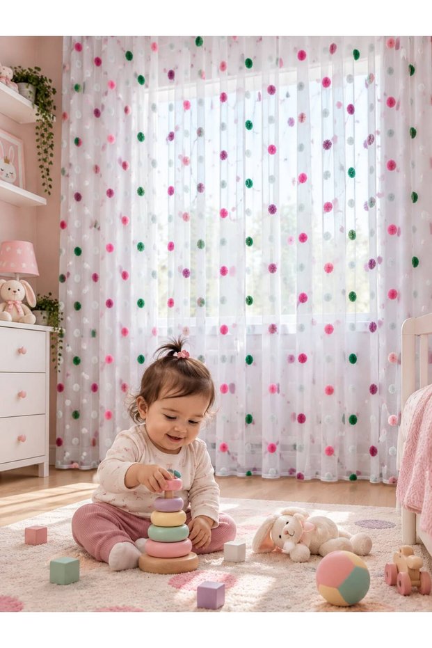 Children's Room Tulle Curtain with Linen Background and Colorful Pompoms – Pleated, Pink Green Purple Decorative Tulle
