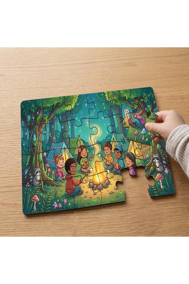 24 Piece Wooden Children's Puzzle with Design of Happy Kids Camping in the Forest