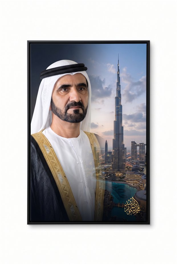 Premium Canvas Print: Sheikh Mohammed bin Rashid Al Maktoum & Burj Khalifa – 60x90 Gallery Wrapped