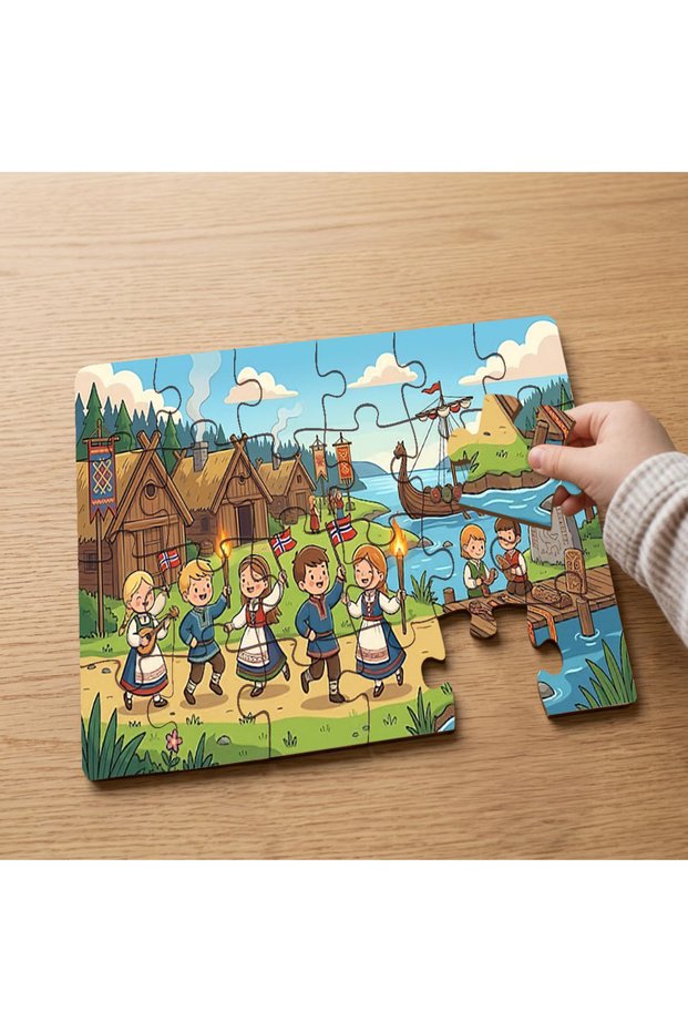 24 Piece Wooden Children's Puzzle with Design of Children Having Fun in Norwegian Traditional Costumes