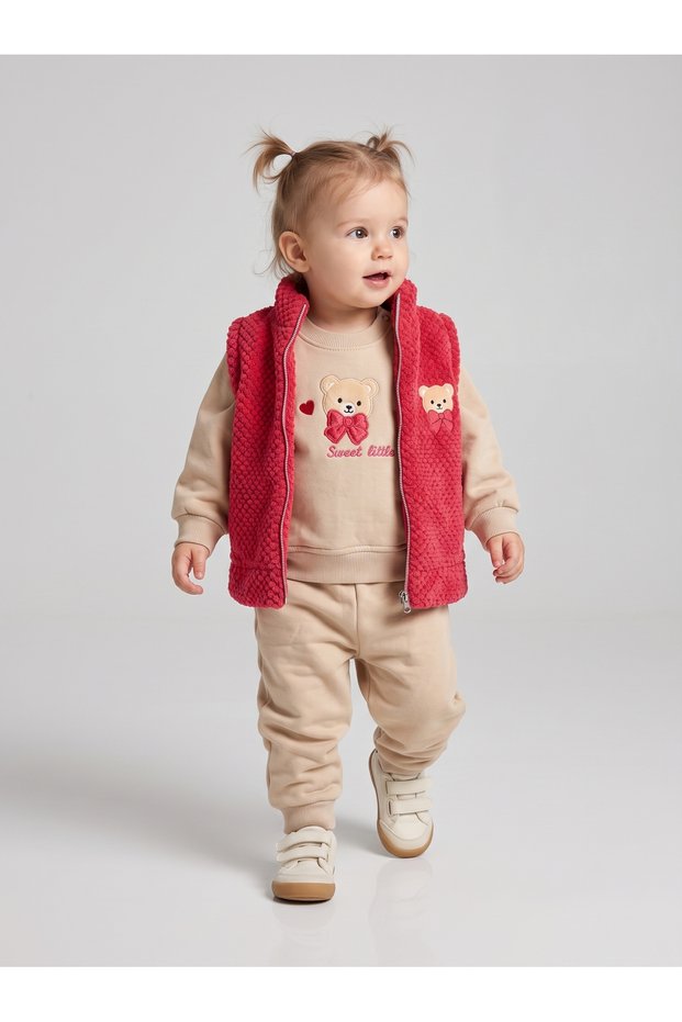 Baby Girl 3 Threaded Teddy Bear Vest Top and Bottom Set