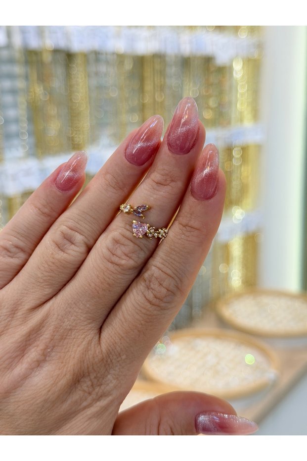 Adjustable Gold Pink Zircon Stone Heart Ring