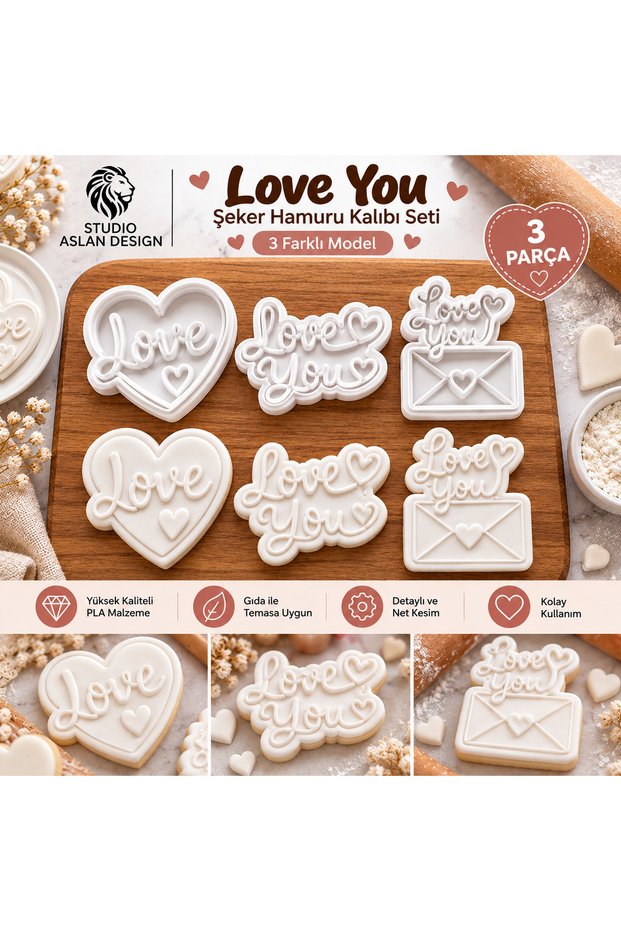 3-Piece Love You Cookie Mold Set | Heart and Love Themed Sugar Paste Cutter Printing Mold | Valentine's Day Engagement Wedding