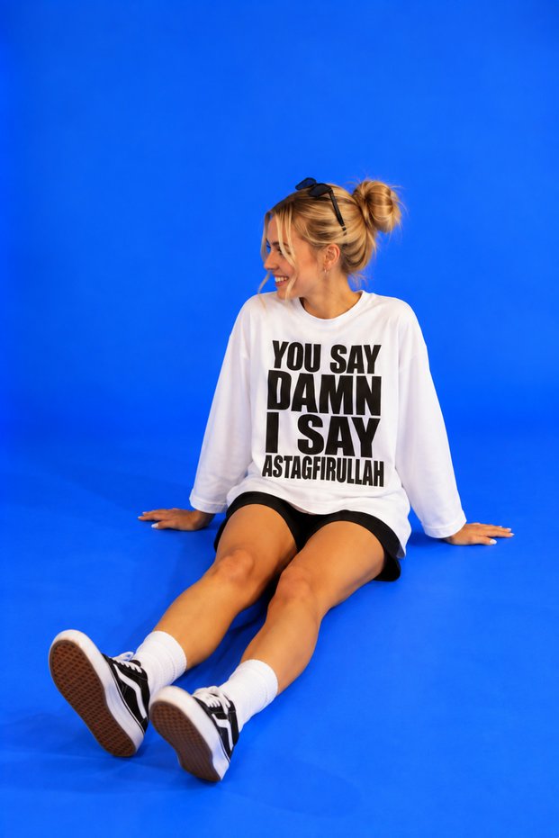 I Say Astaghfirullah Printed Long Sleeve Loose Tshirt