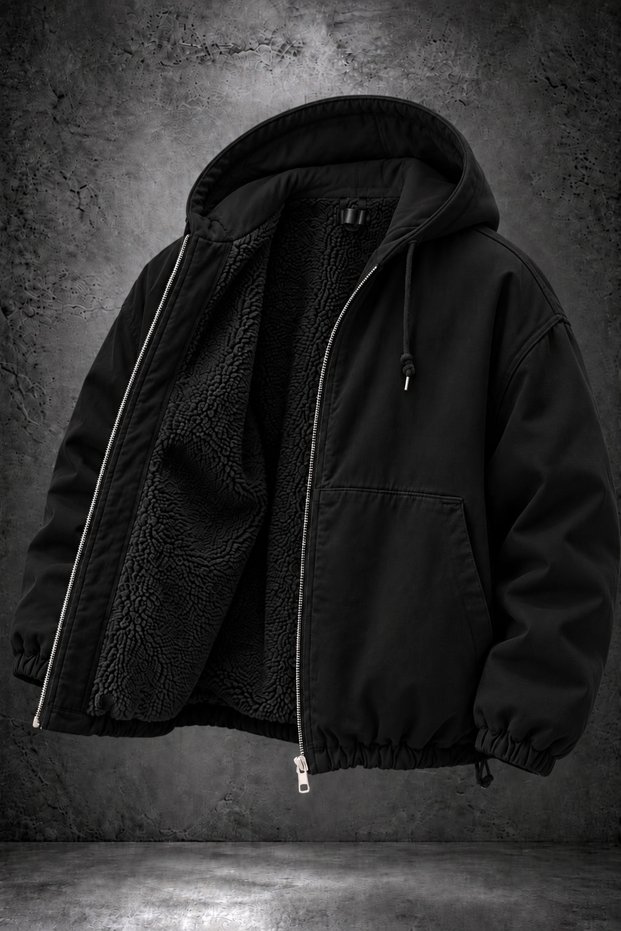 Men's Oversized Gabardine Coat with Fur Lining and Hood