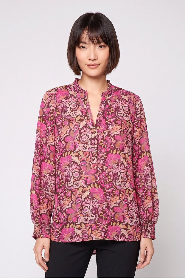 Women Split Neck Long Sleeve Floral Print Blouse, Multicolor