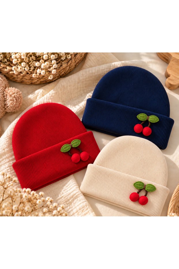 3-Pack Cherry Detailed Stretchy Camisole Beanie Set