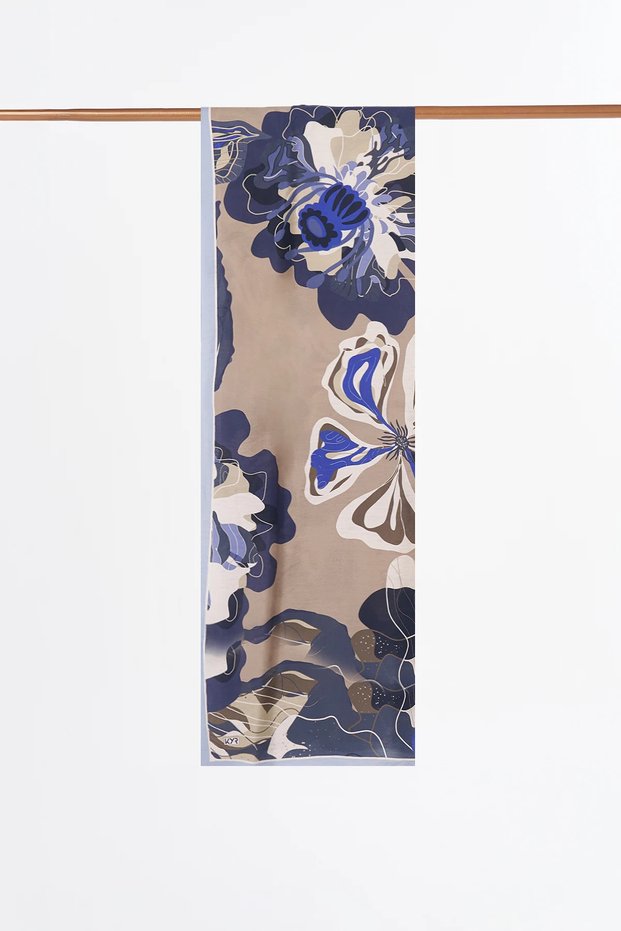 Abstract Floral Patterned Viscose Shawl Navy Blue-Beige