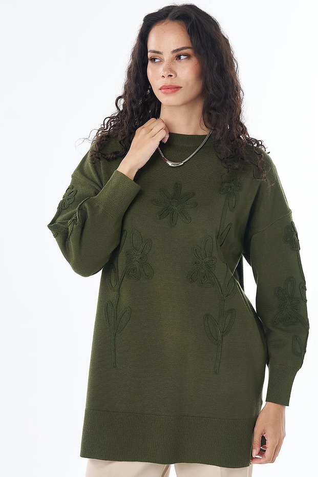 Embroidery Appliqued Knitwear Tunic Green