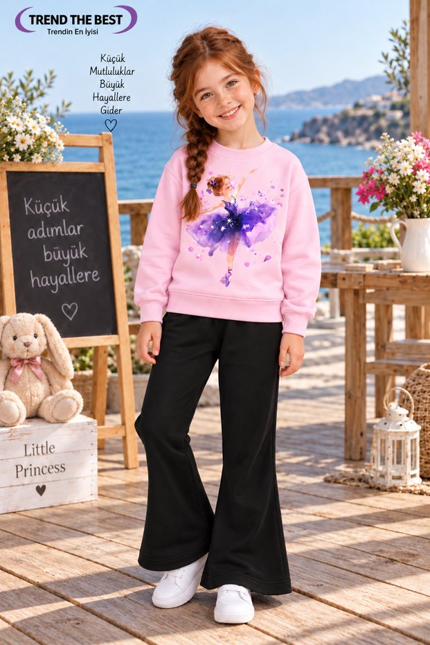 Winter, Spring, and Autumn Girls' Black Spanish Flared Bottoms and Pink Sweat Top