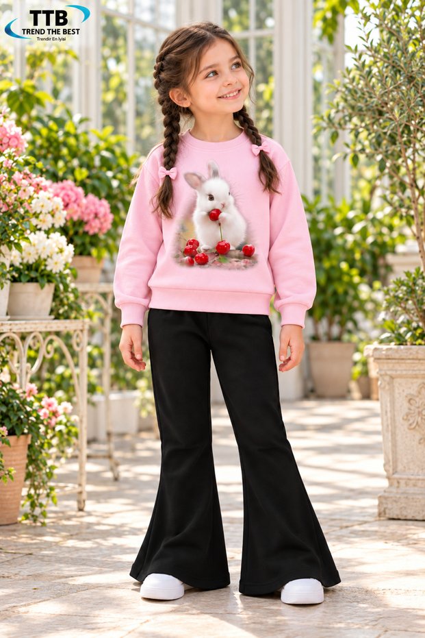 Winter, Spring, and Autumn Girls' Black Spanish Flared Bottoms and Pink Sweat Top