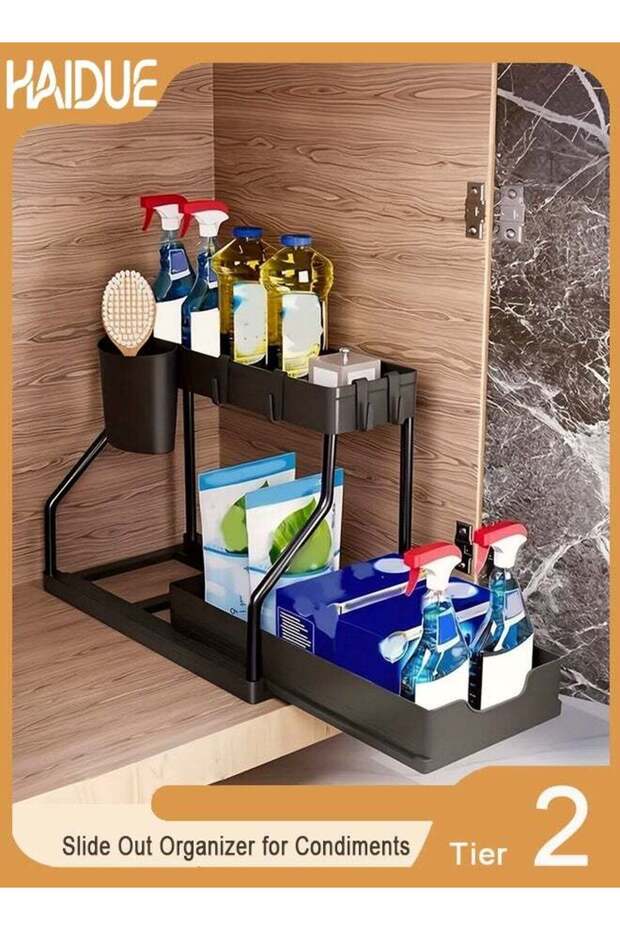 2-Tier Slide Out Organizer for Condiments, Toiletries, Cosmetics, Laundry Products, Multifunctional Sliding Shelf Storage Rack Kitchen Countertop, Under Sink, Bathroom, Home, Office (Black)