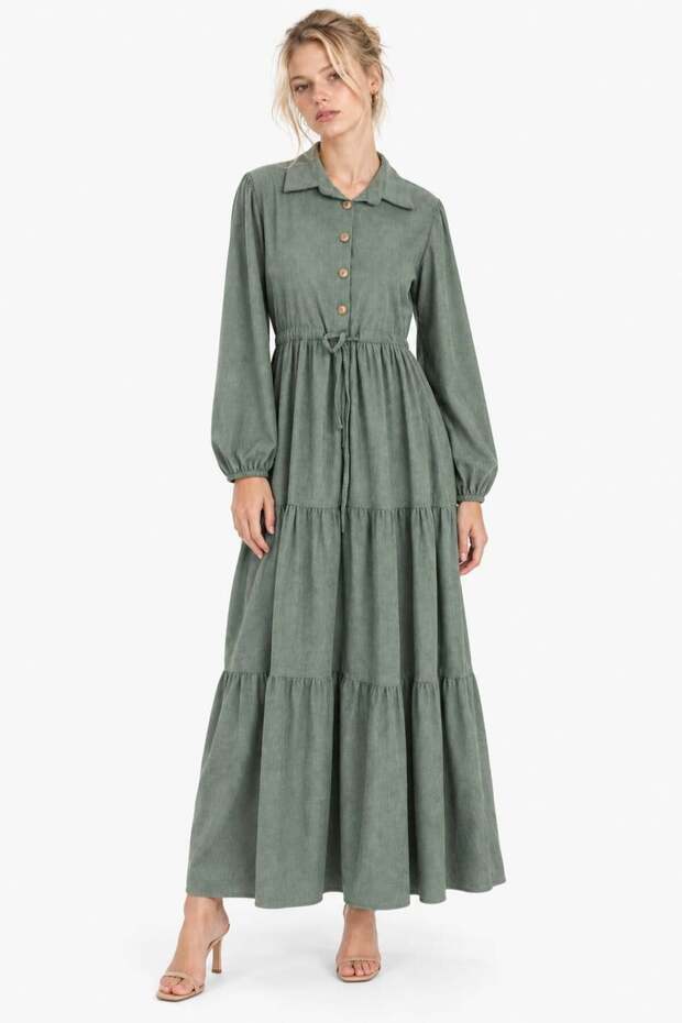 Beli Gathered Layered Long Shirt Dress