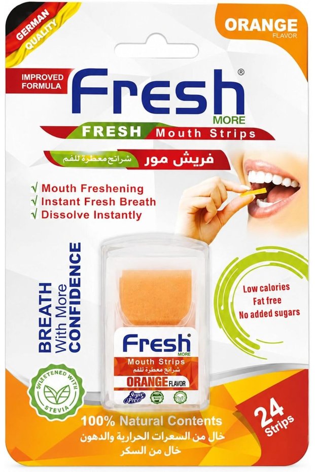Fresh More Mouth Strips Orange Flavor, Dissolving Mouth Freshener Strips, Instant Fresh Breath, Sugar Free & Fat Free, Portable Breath Freshener