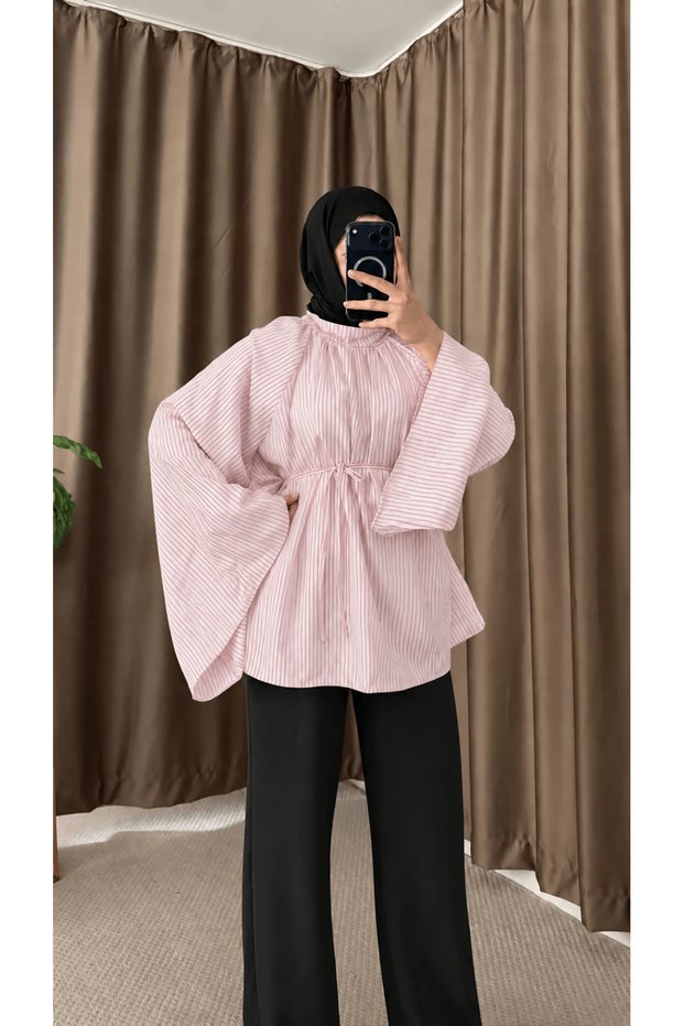 Spanish Sleeve Thin Striped Oversize Tunic Hpm - Pink & White