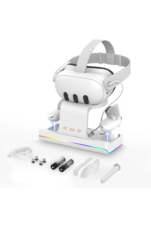 قاعدة شحن لـ Meta Quest 3S/Oculus Quest 3S، حامل شحن لسماعة الواقع الافتراضي وأجهزة التحكم