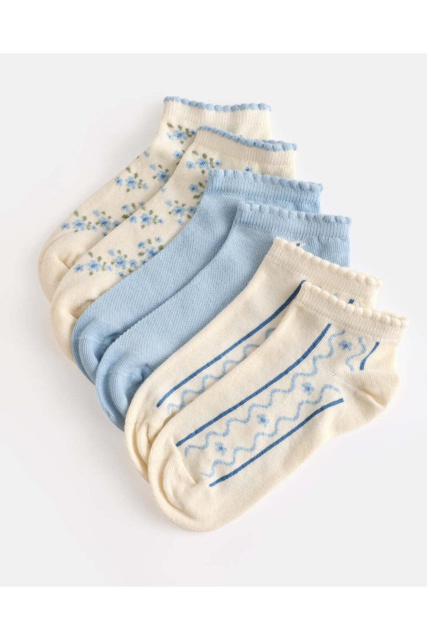 Senior Girls Blue and Cream Ankle Socks, 3 Pairs