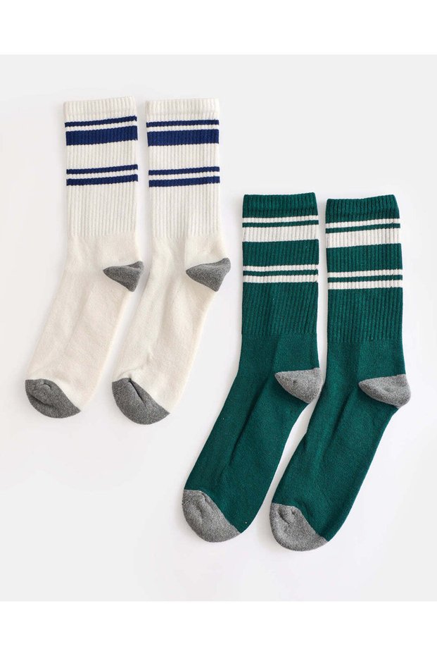 Men Cream and Green Ribbed Socks, 2 Pairs