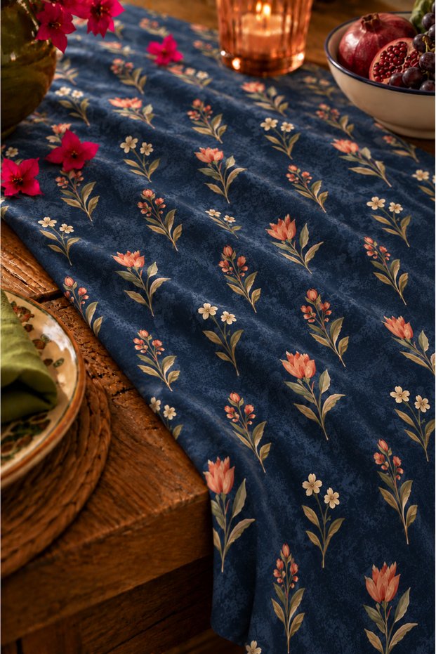 Midnight Garden Petite Bloom | Navy Blue Small Floral and Botanical Patterned Decorative Table Runner | Vintage Stylish Tableware Decor