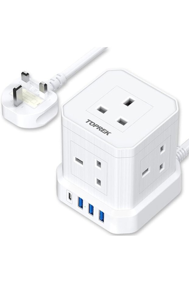 محول متعدد المقابس من توبريك، محول بريطاني مزدوج المقبس، مقبس تمديد بمنفذين USB نوع A ومنفذ USB نوع